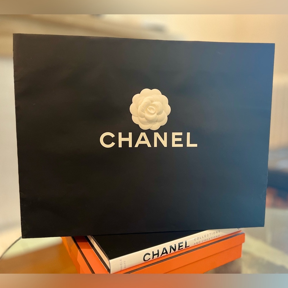 CHANEL Black Tote with White Logo and Camilia Flower